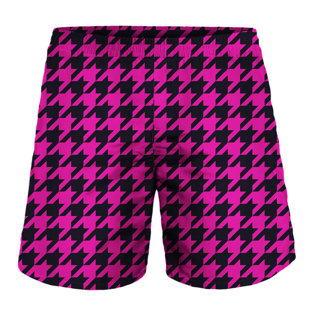 Magenta Pink And Black Houndstooth Print Men's Shorts