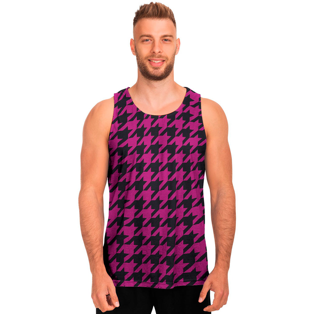 Magenta Pink And Black Houndstooth Print Men's Tank Top