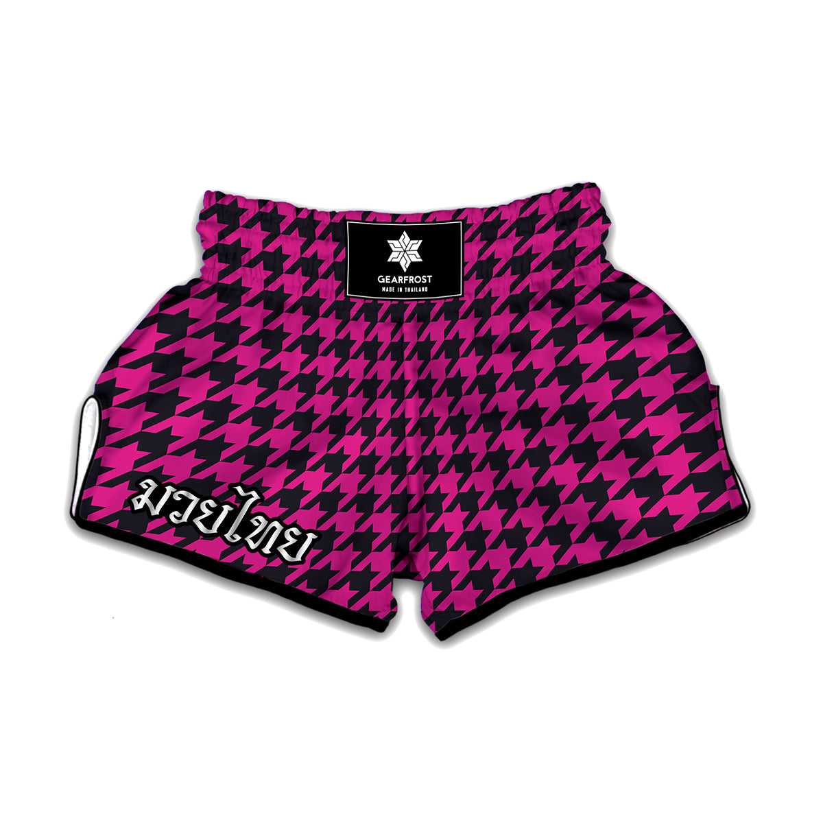 Magenta Pink And Black Houndstooth Print Muay Thai Boxing Shorts