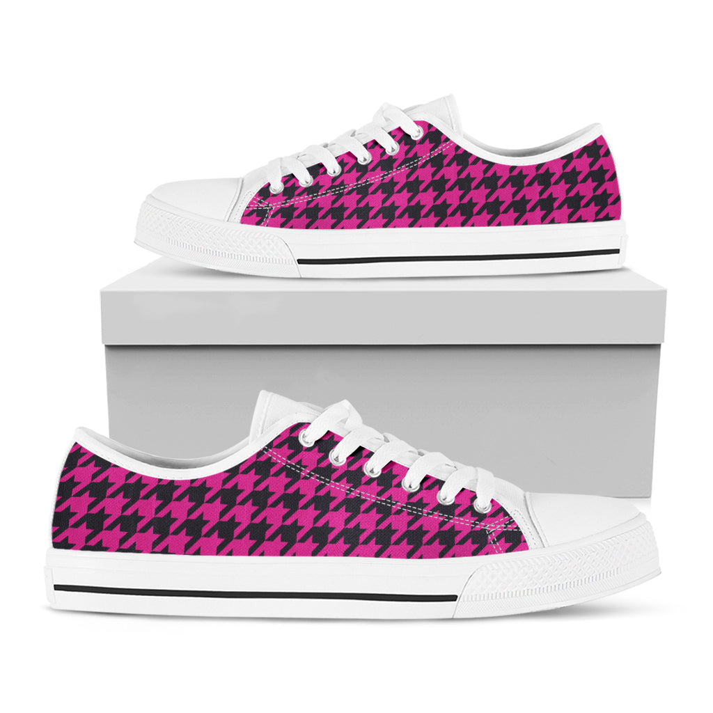 Magenta Pink And Black Houndstooth Print White Low Top Shoes