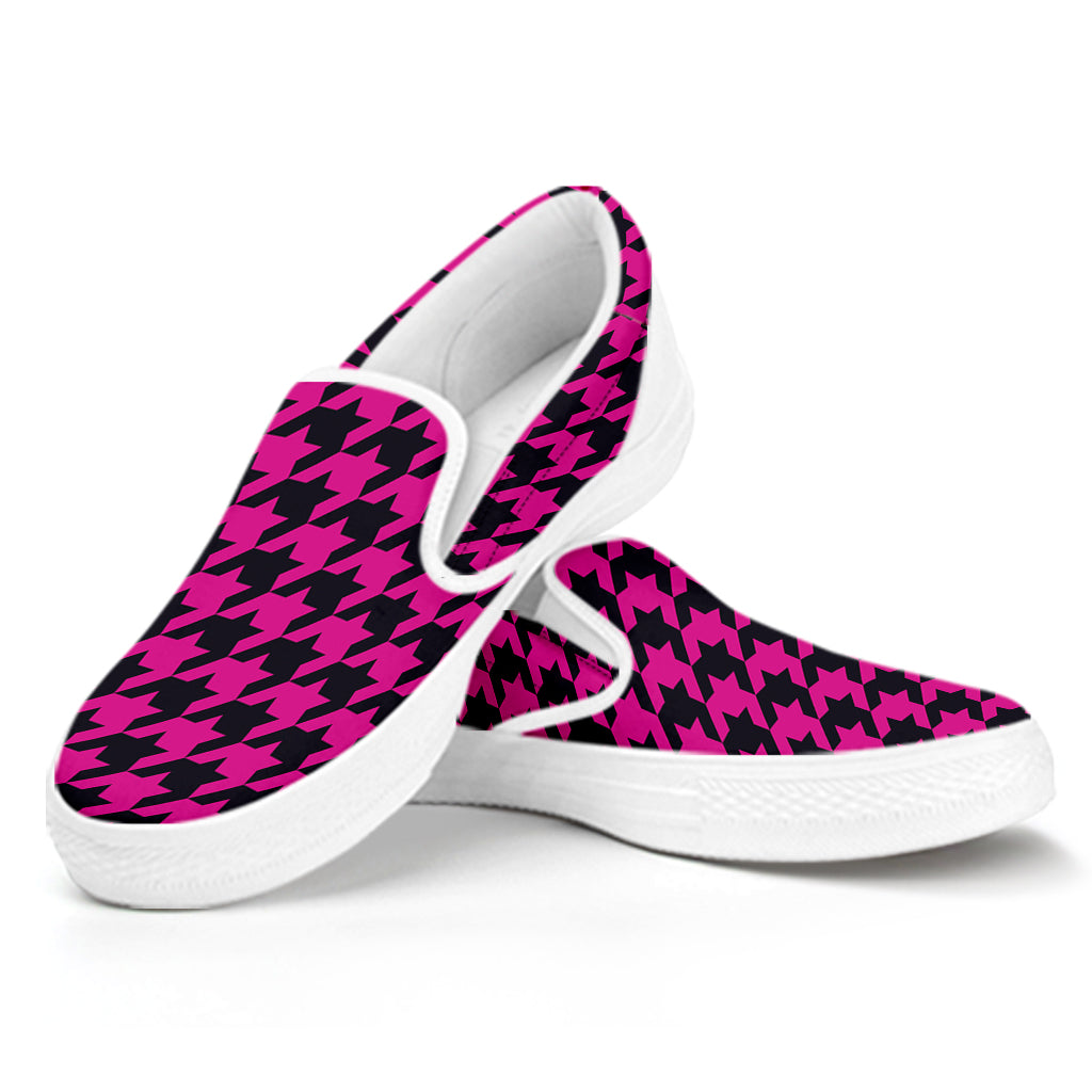 Magenta Pink And Black Houndstooth Print White Slip On Shoes