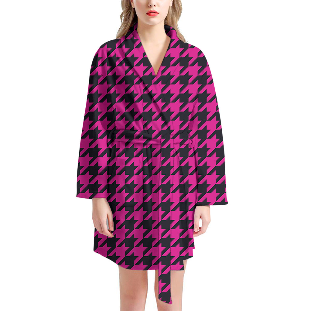 Magenta Pink And Black Houndstooth Print Women's Bathrobe