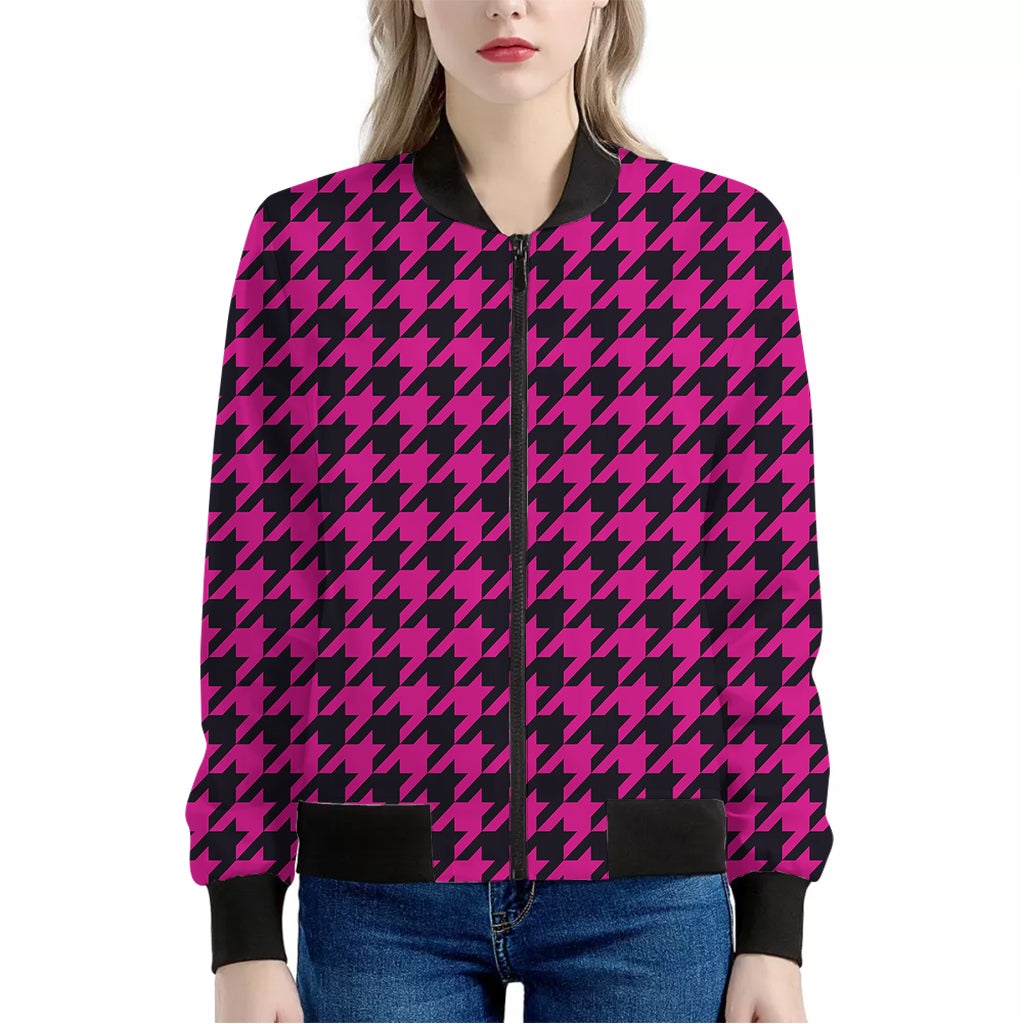 Magenta Pink And Black Houndstooth Print Women's Bomber Jacket