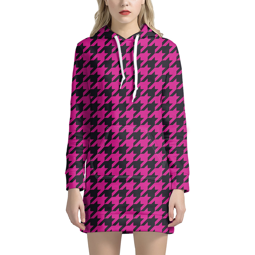 Magenta Pink And Black Houndstooth Print Women's Pullover Hoodie Dress