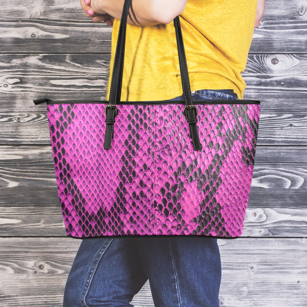 Magenta Pink And Black Snakeskin Print Leather Tote Bag