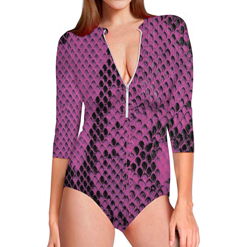 Magenta Pink And Black Snakeskin Print Long Sleeve One Piece Swimsuit