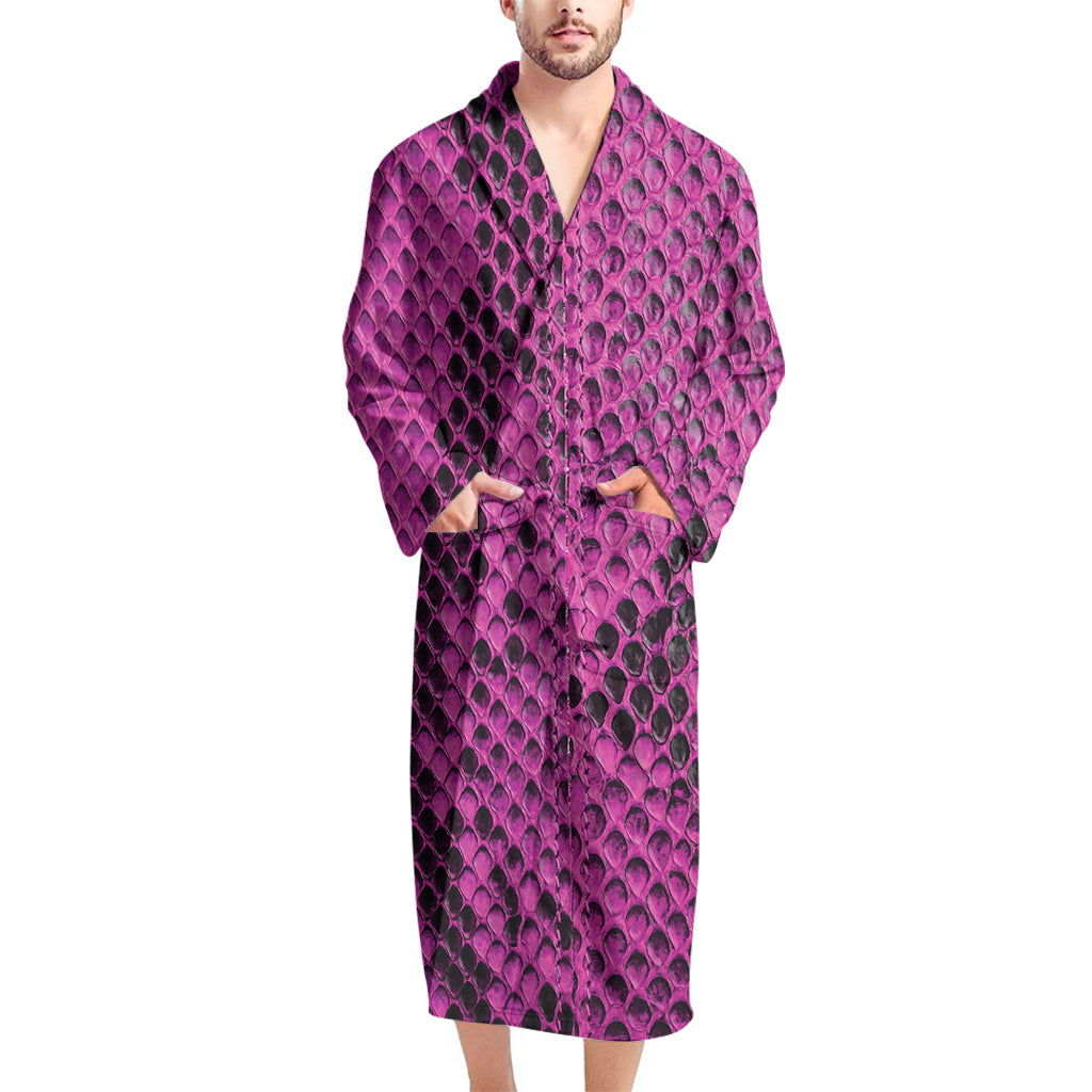 Magenta Pink And Black Snakeskin Print Men's Bathrobe