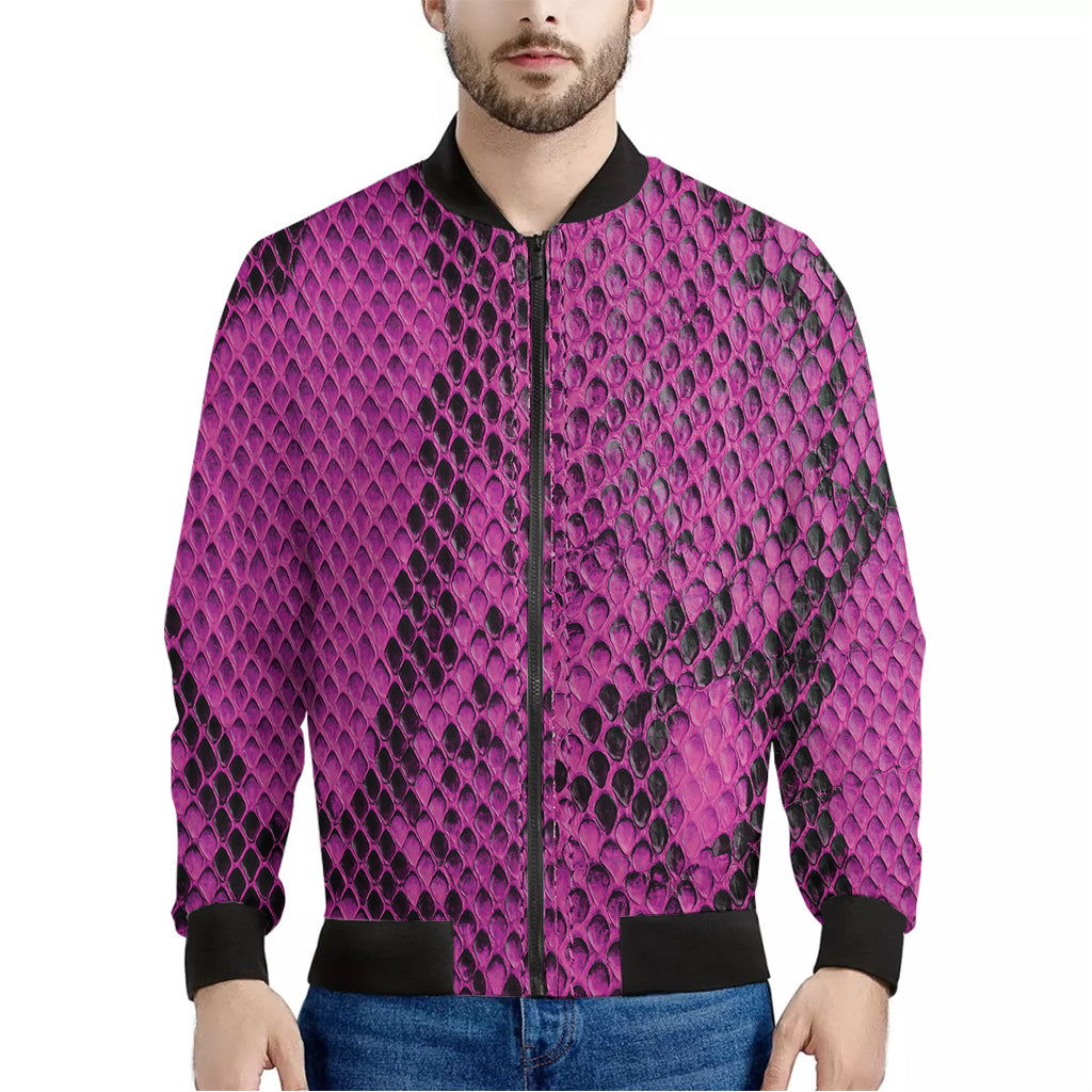 Magenta Pink And Black Snakeskin Print Men's Bomber Jacket