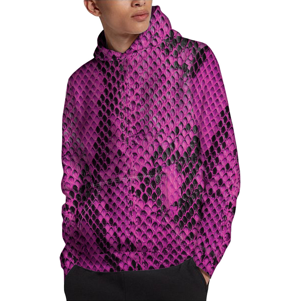 Magenta Pink And Black Snakeskin Print Pullover Hoodie