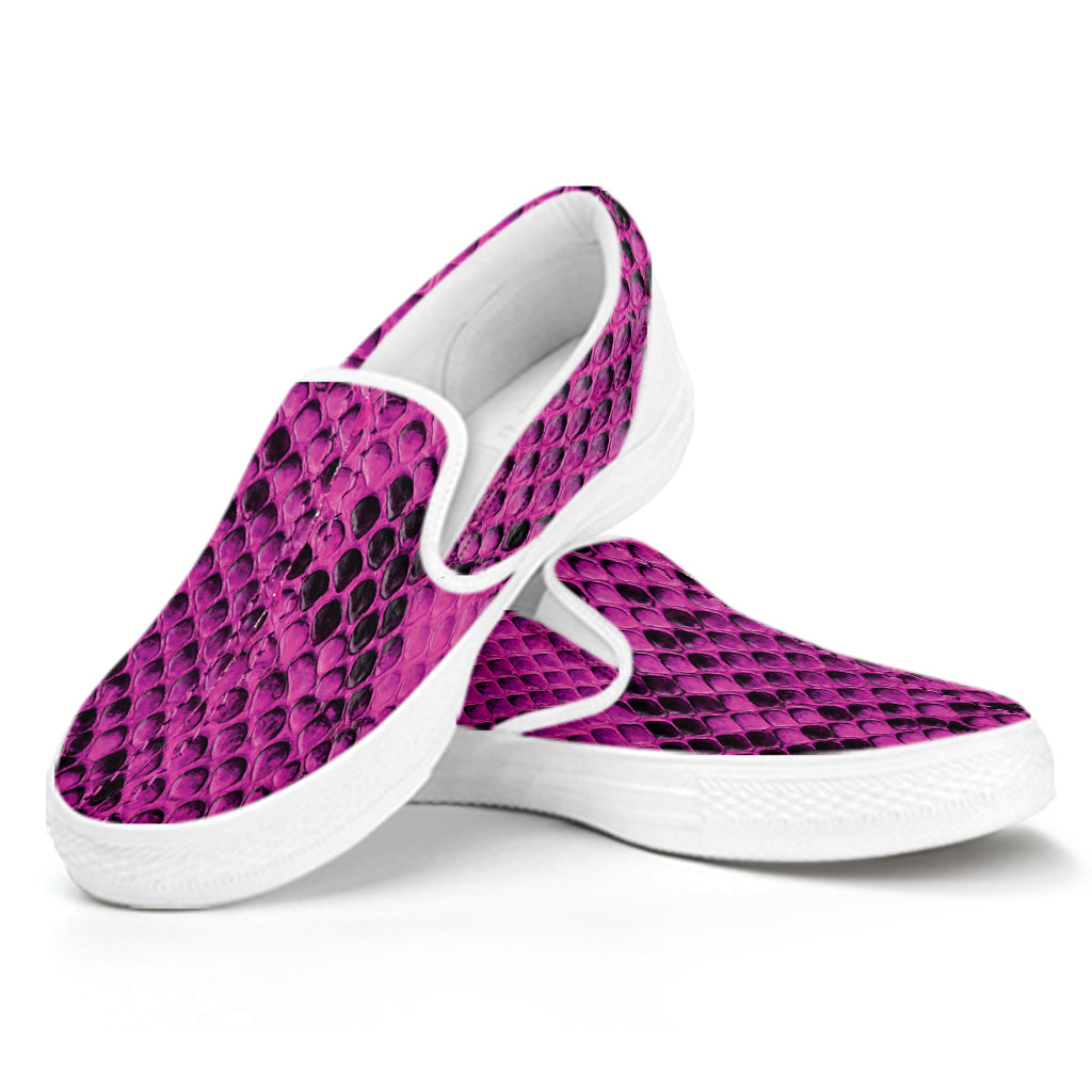 Magenta Pink And Black Snakeskin Print White Slip On Shoes