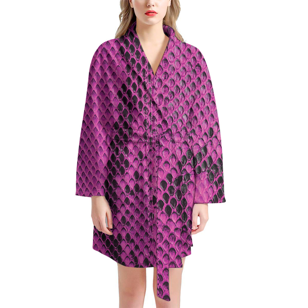 Magenta Pink And Black Snakeskin Print Women's Bathrobe