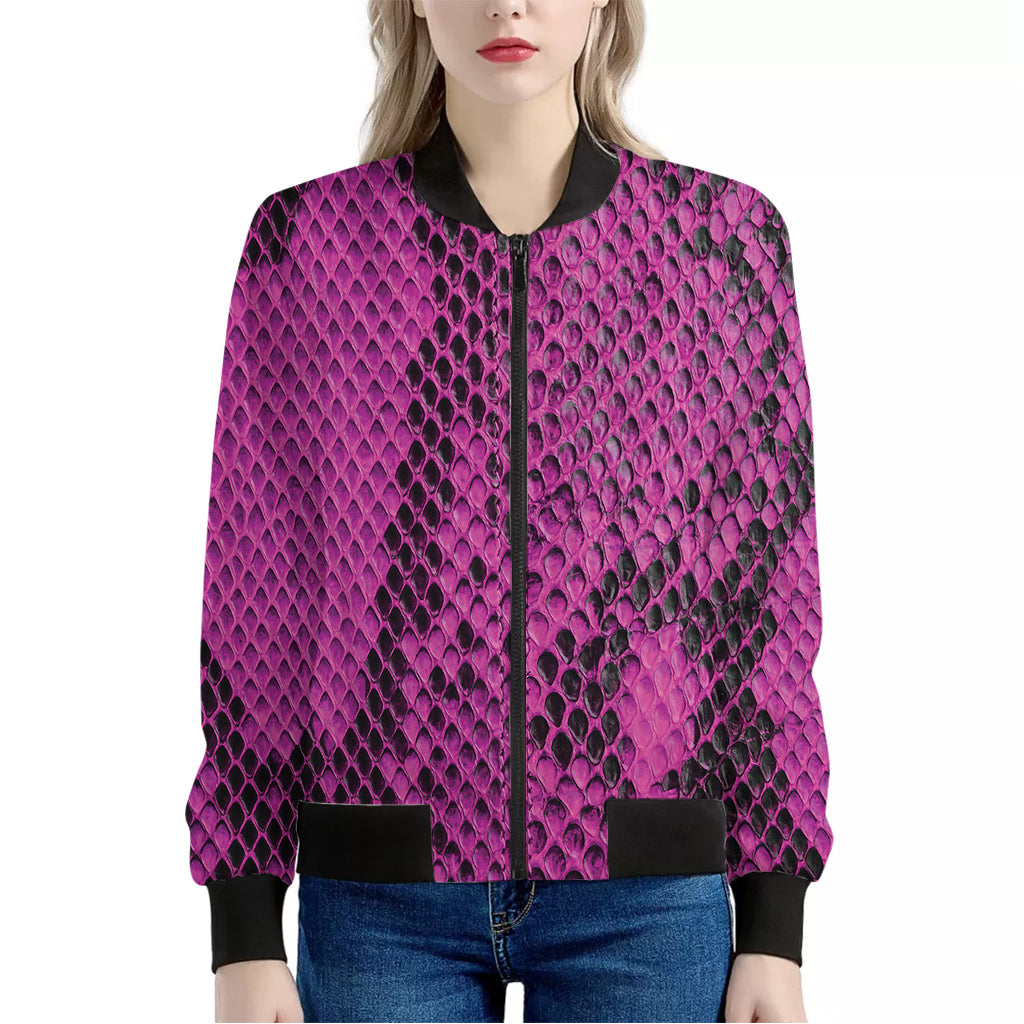 Magenta Pink And Black Snakeskin Print Women's Bomber Jacket