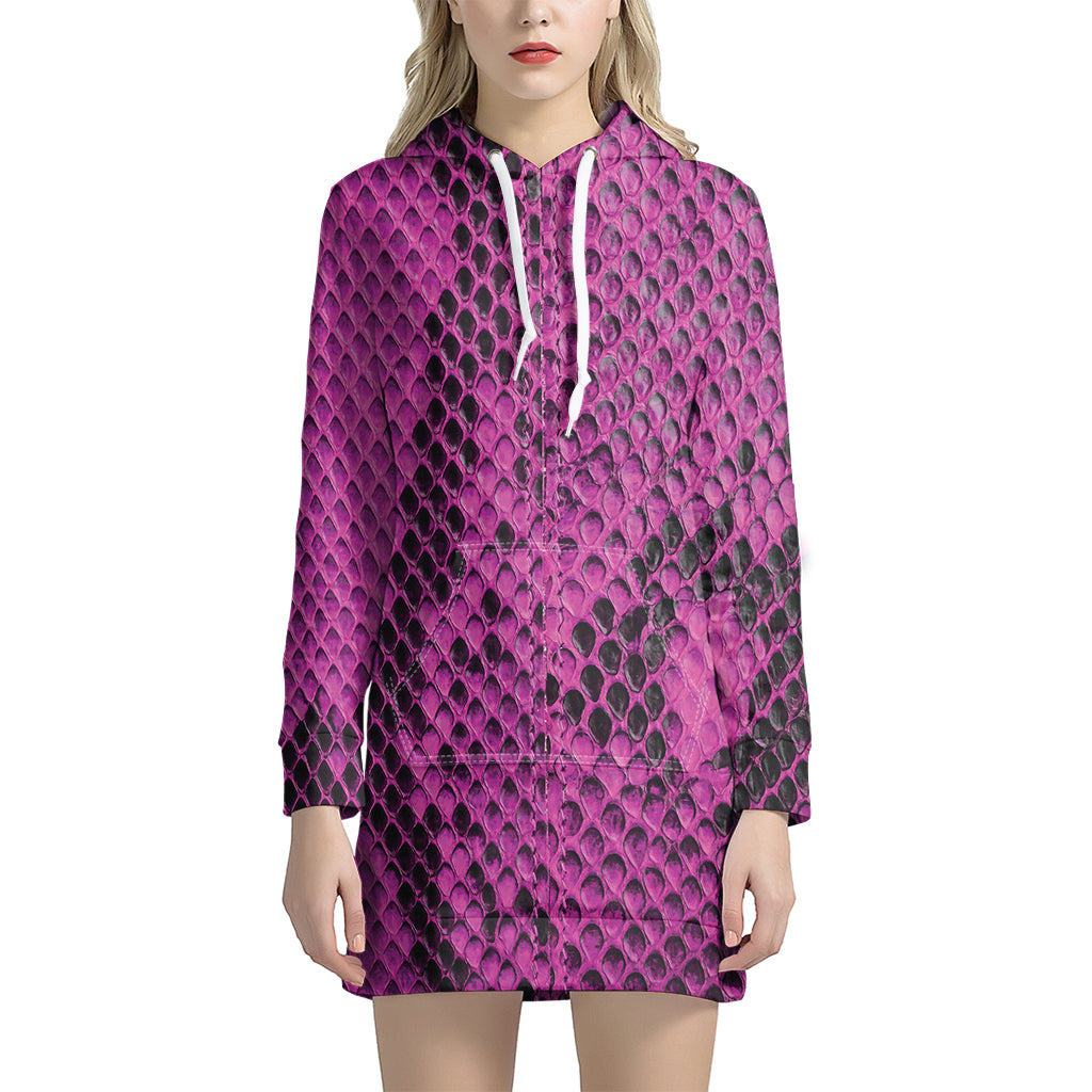 Magenta Pink And Black Snakeskin Print Women's Pullover Hoodie Dress