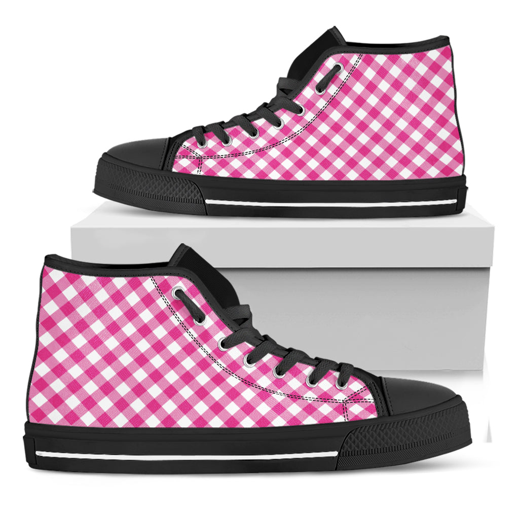 Magenta Pink And White Gingham Print Black High Top Shoes