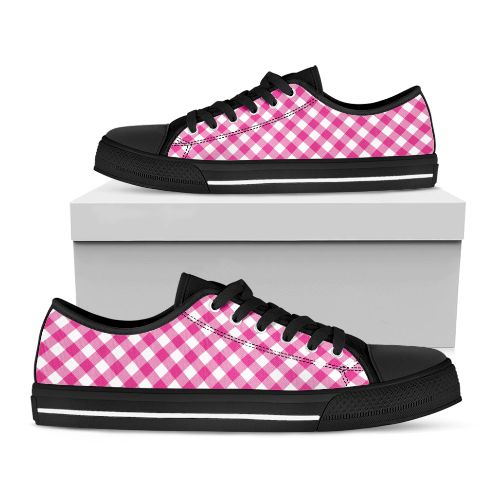 Magenta Pink And White Gingham Print Black Low Top Shoes