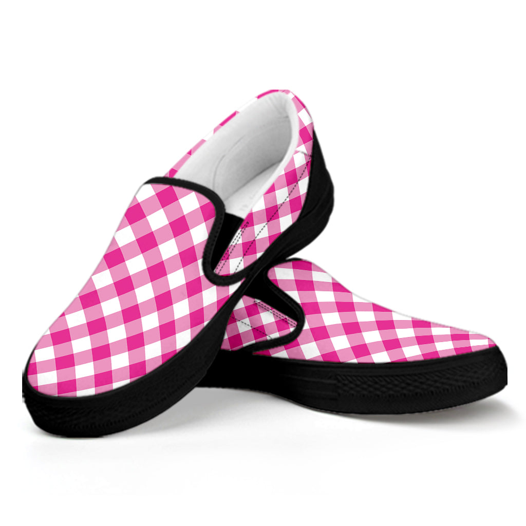 Magenta Pink And White Gingham Print Black Slip On Shoes