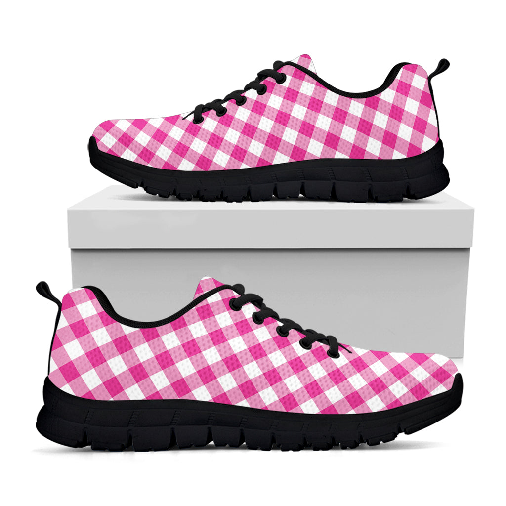 Magenta Pink And White Gingham Print Black Sneakers