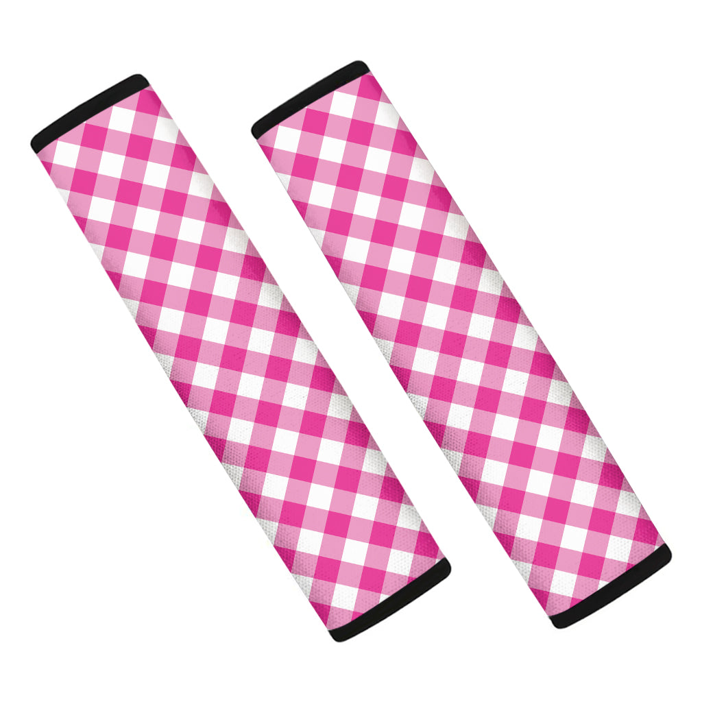 Magenta Pink And White Gingham Print Car Seat Belt Covers