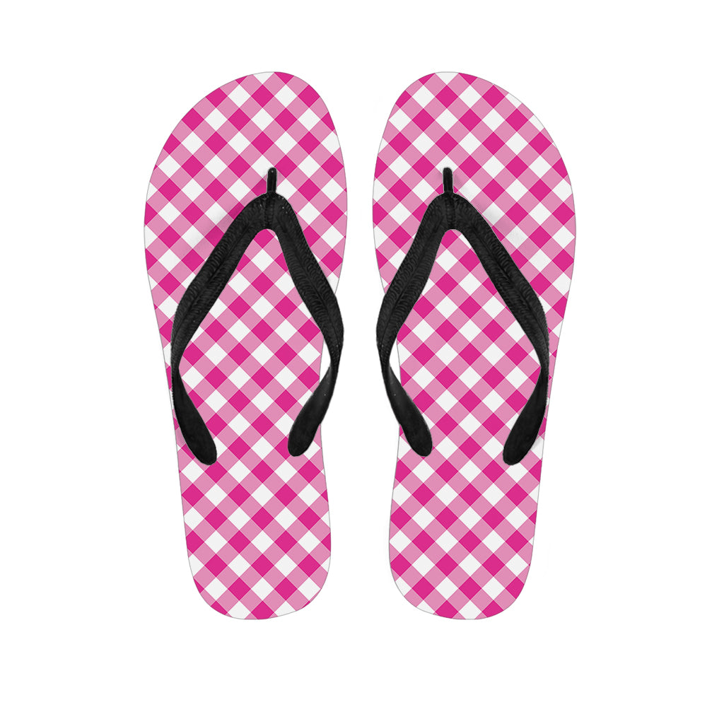 Magenta Pink And White Gingham Print Flip Flops