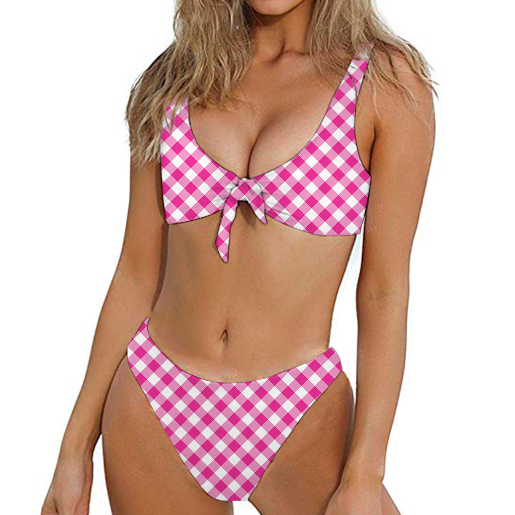 Magenta Pink And White Gingham Print Front Bow Tie Bikini