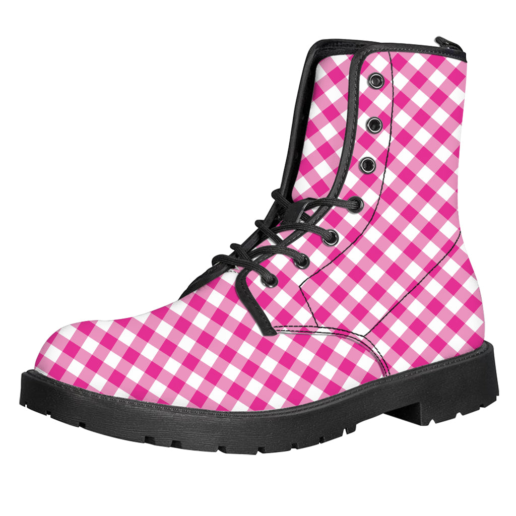 Magenta Pink And White Gingham Print Leather Boots