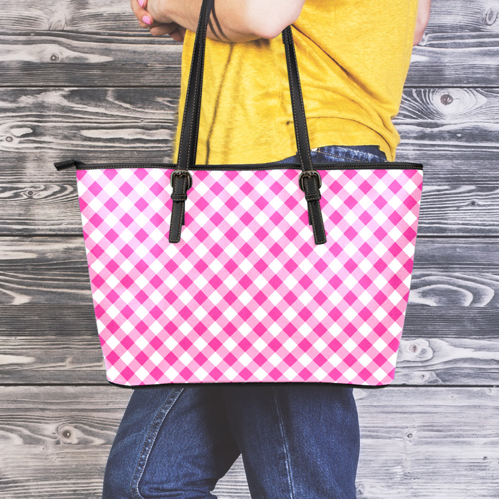 Magenta Pink And White Gingham Print Leather Tote Bag