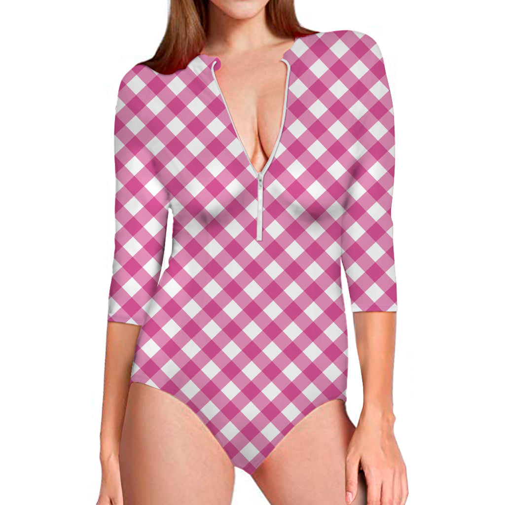 Magenta Pink And White Gingham Print Long Sleeve One Piece Swimsuit