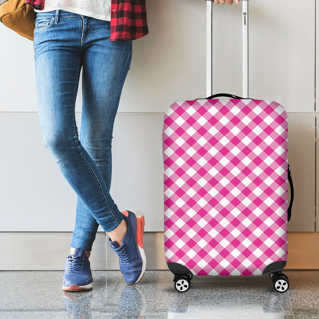 Magenta Pink And White Gingham Print Luggage Cover