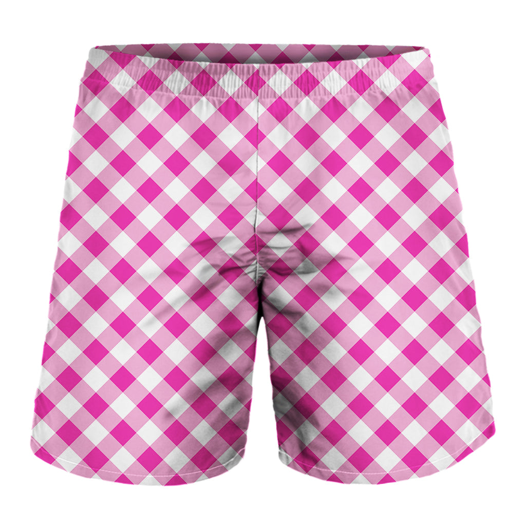 Magenta Pink And White Gingham Print Men's Shorts