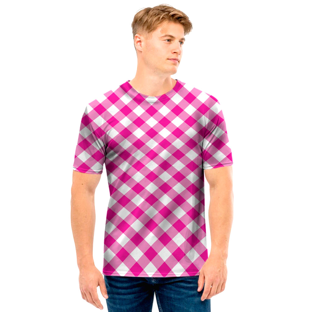 Magenta Pink And White Gingham Print Men's T-Shirt