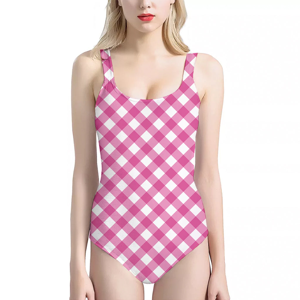 Magenta Pink And White Gingham Print One Piece Halter Neck Swimsuit