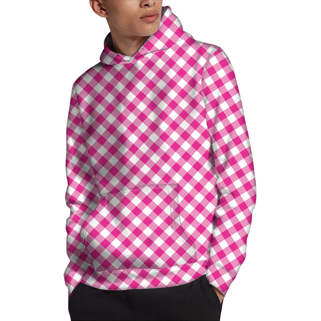 Magenta Pink And White Gingham Print Pullover Hoodie