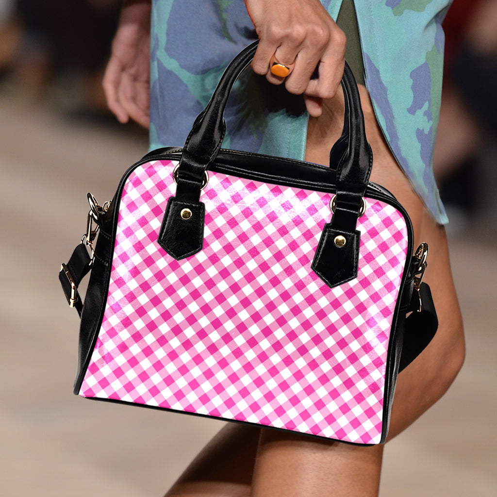 Magenta Pink And White Gingham Print Shoulder Handbag