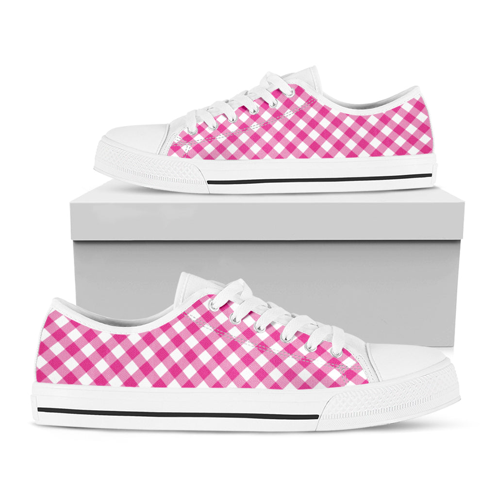 Magenta Pink And White Gingham Print White Low Top Shoes