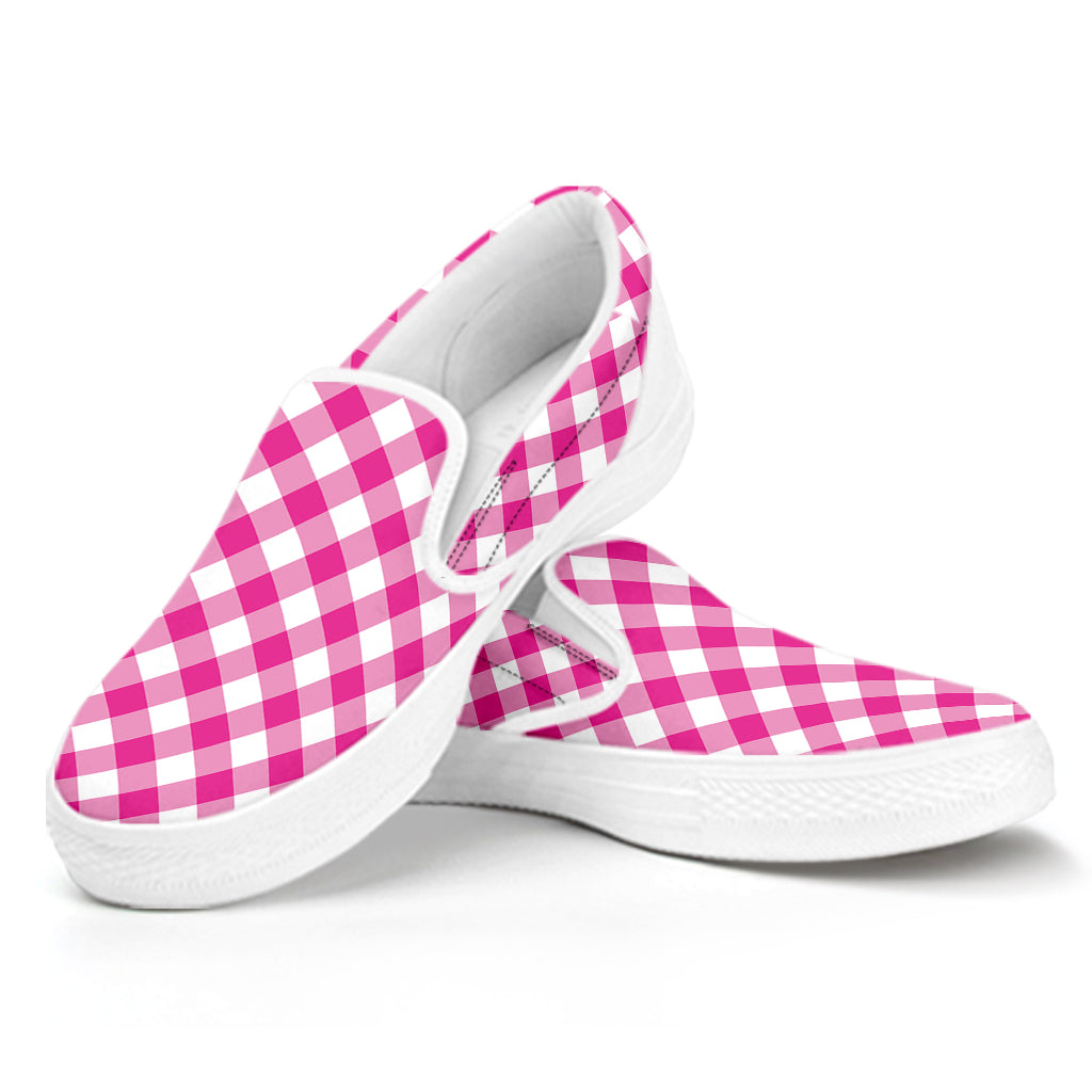 Magenta Pink And White Gingham Print White Slip On Shoes