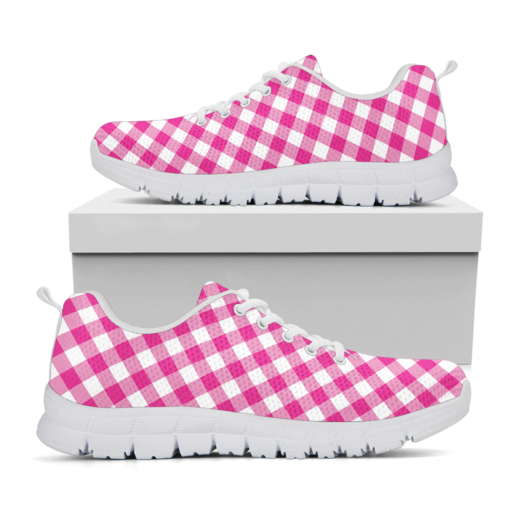 Magenta Pink And White Gingham Print White Sneakers