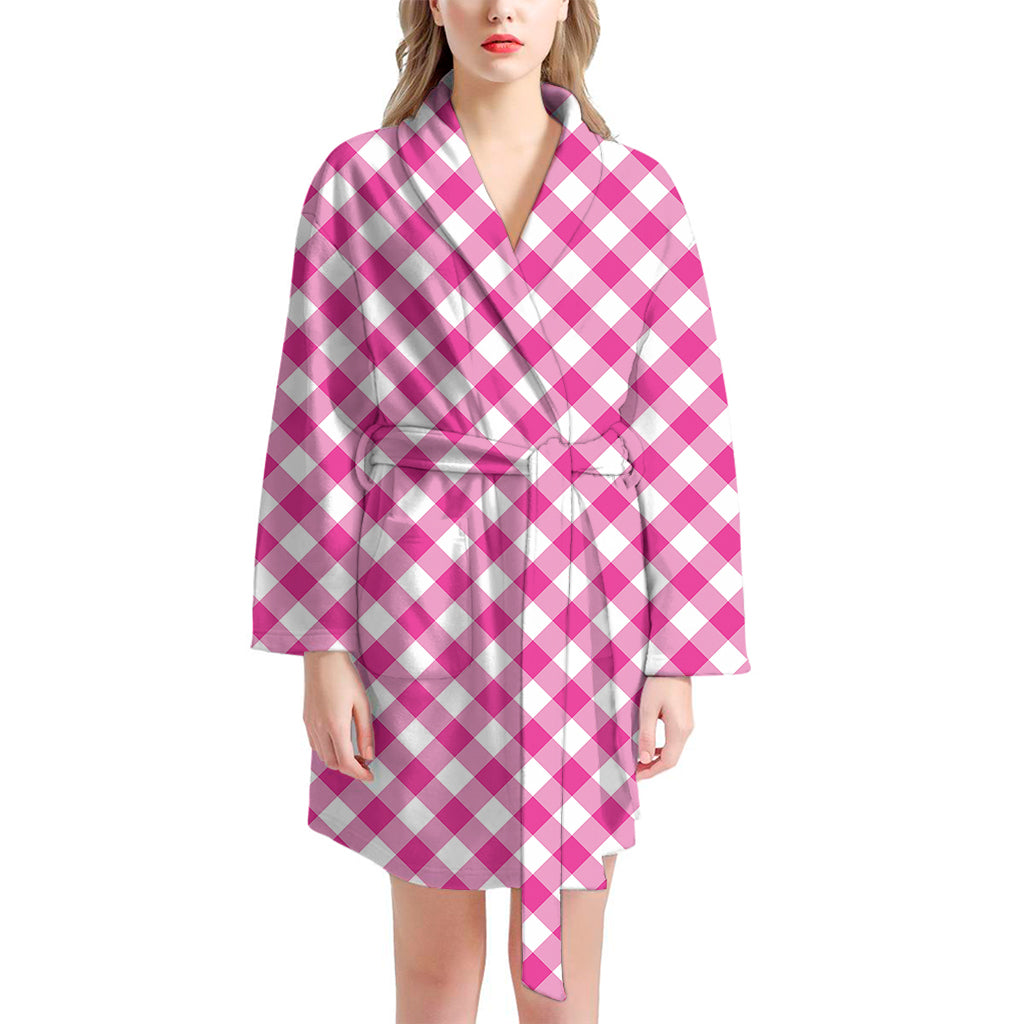 Magenta Pink And White Gingham Print Women's Bathrobe