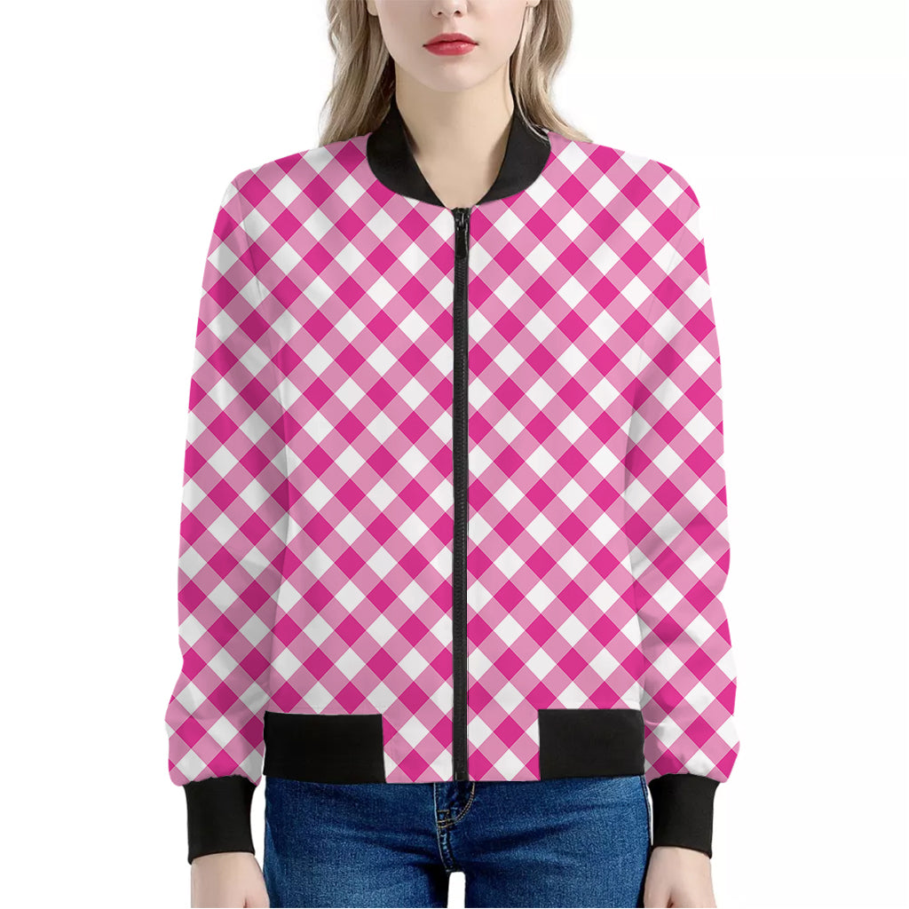 Magenta Pink And White Gingham Print Women's Bomber Jacket