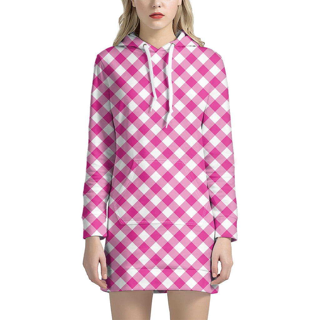 Magenta Pink And White Gingham Print Women's Pullover Hoodie Dress