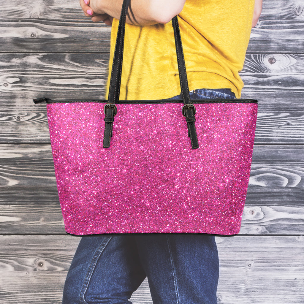 Magenta Pink Glitter Texture Print Leather Tote Bag