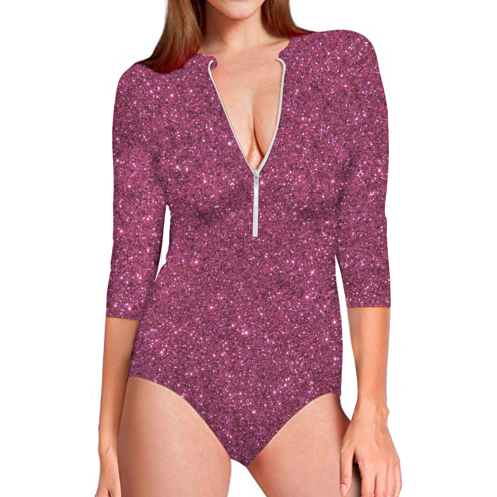 Magenta Pink Glitter Texture Print Long Sleeve One Piece Swimsuit