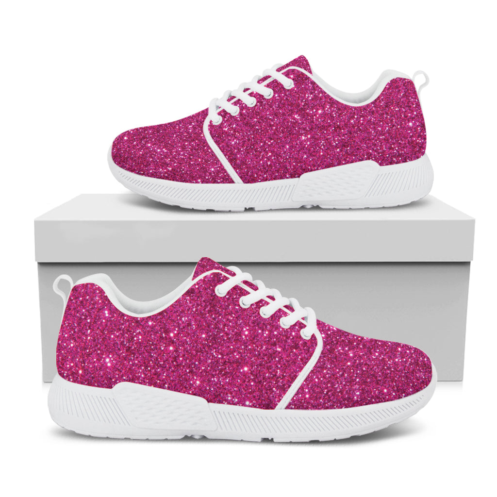 Magenta Pink Glitter Texture Print White Athletic Shoes