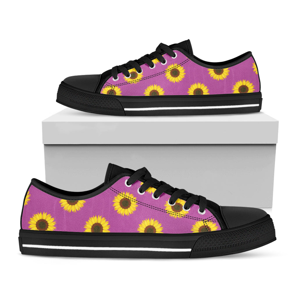 Magenta Pink Sunflower Pattern Print Black Low Top Shoes