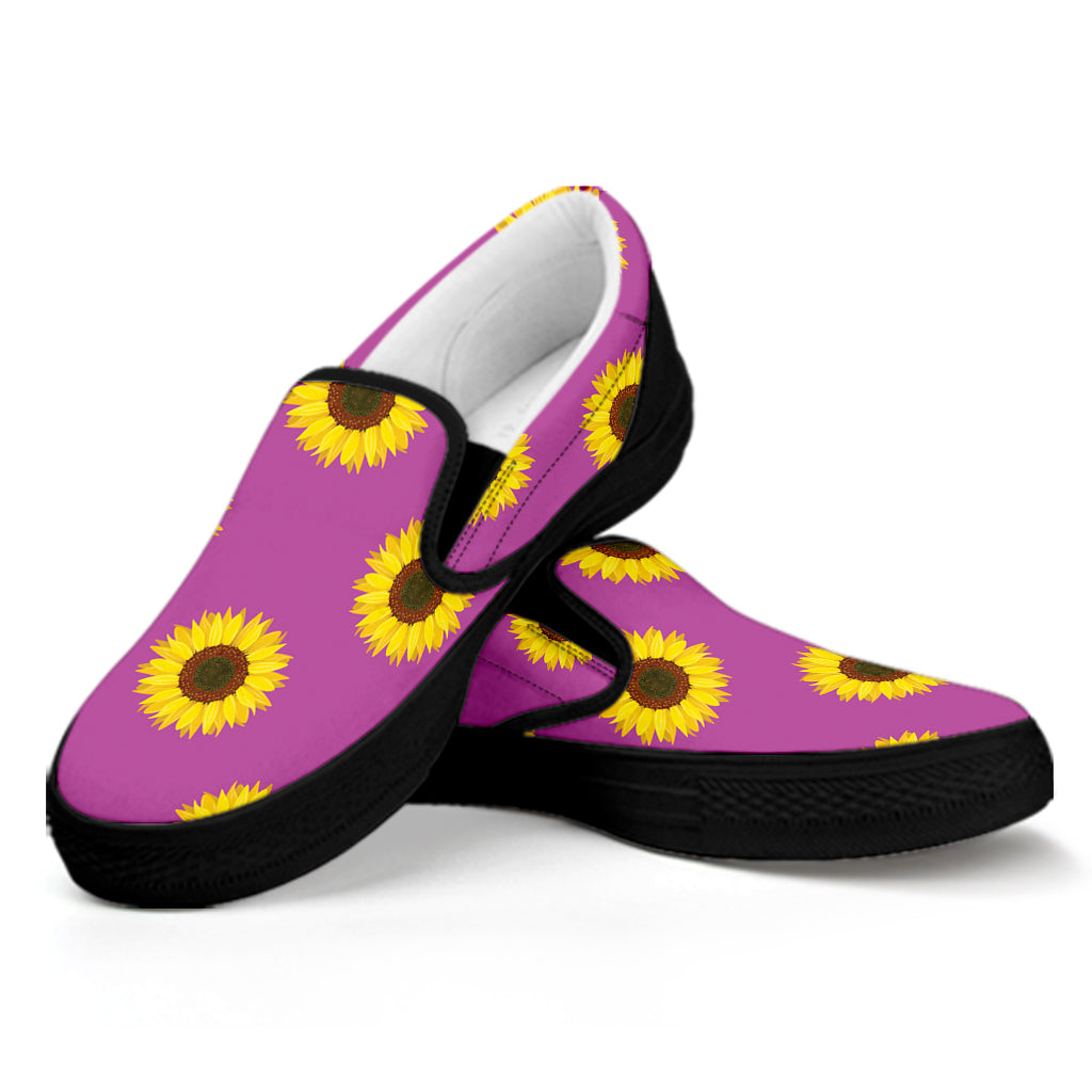 Magenta Pink Sunflower Pattern Print Black Slip On Shoes