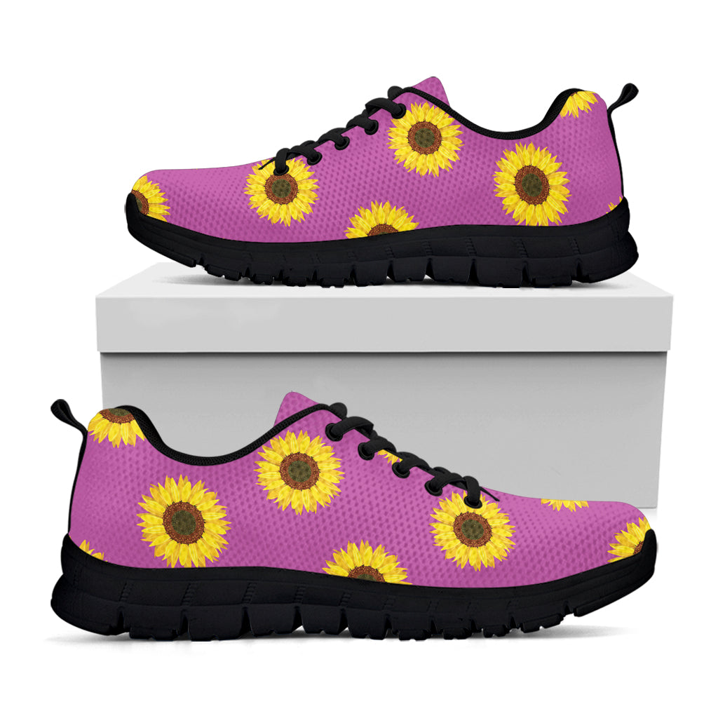 Magenta Pink Sunflower Pattern Print Black Sneakers