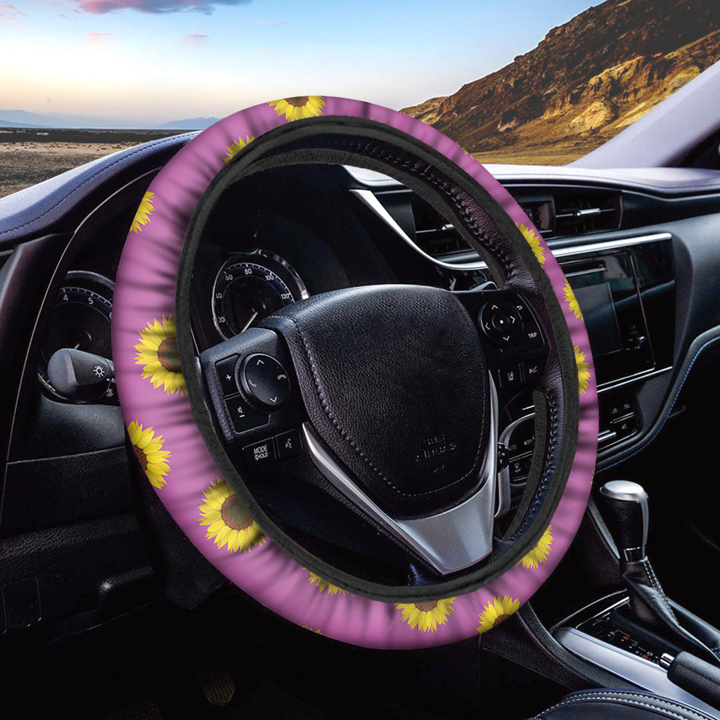 Magenta Pink Sunflower Pattern Print Car Steering Wheel Cover