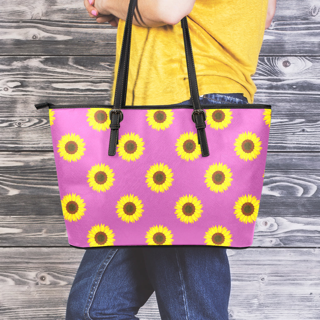 Magenta Pink Sunflower Pattern Print Leather Tote Bag