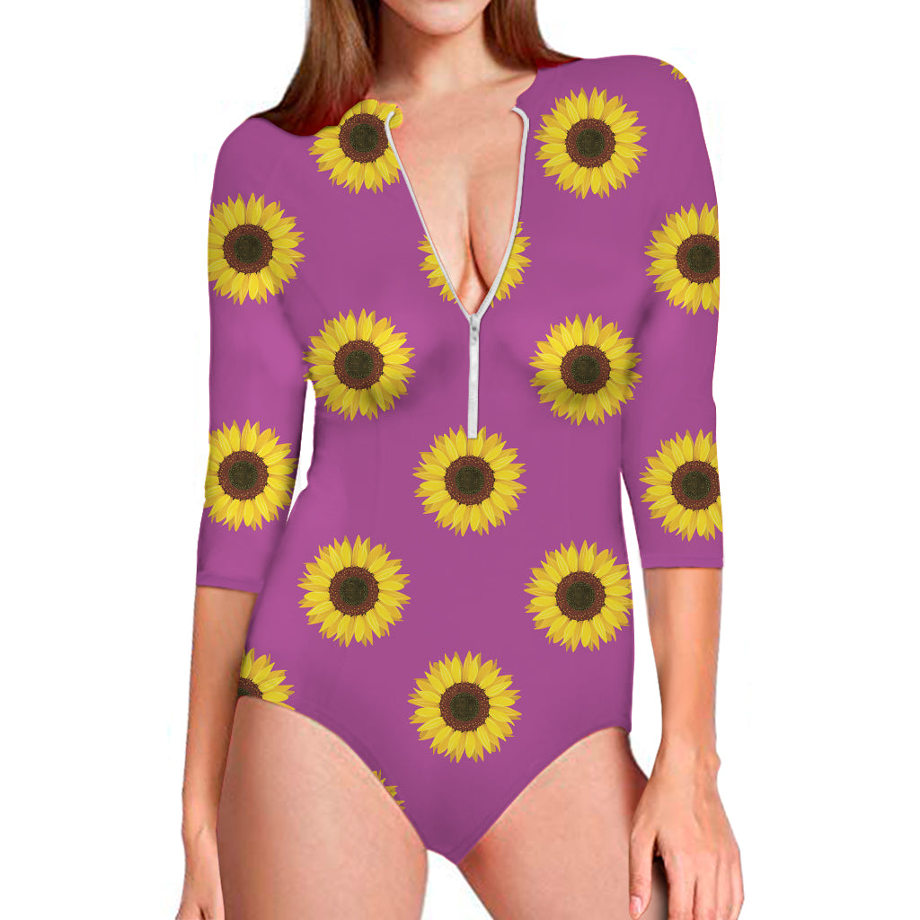 Magenta Pink Sunflower Pattern Print Long Sleeve One Piece Swimsuit