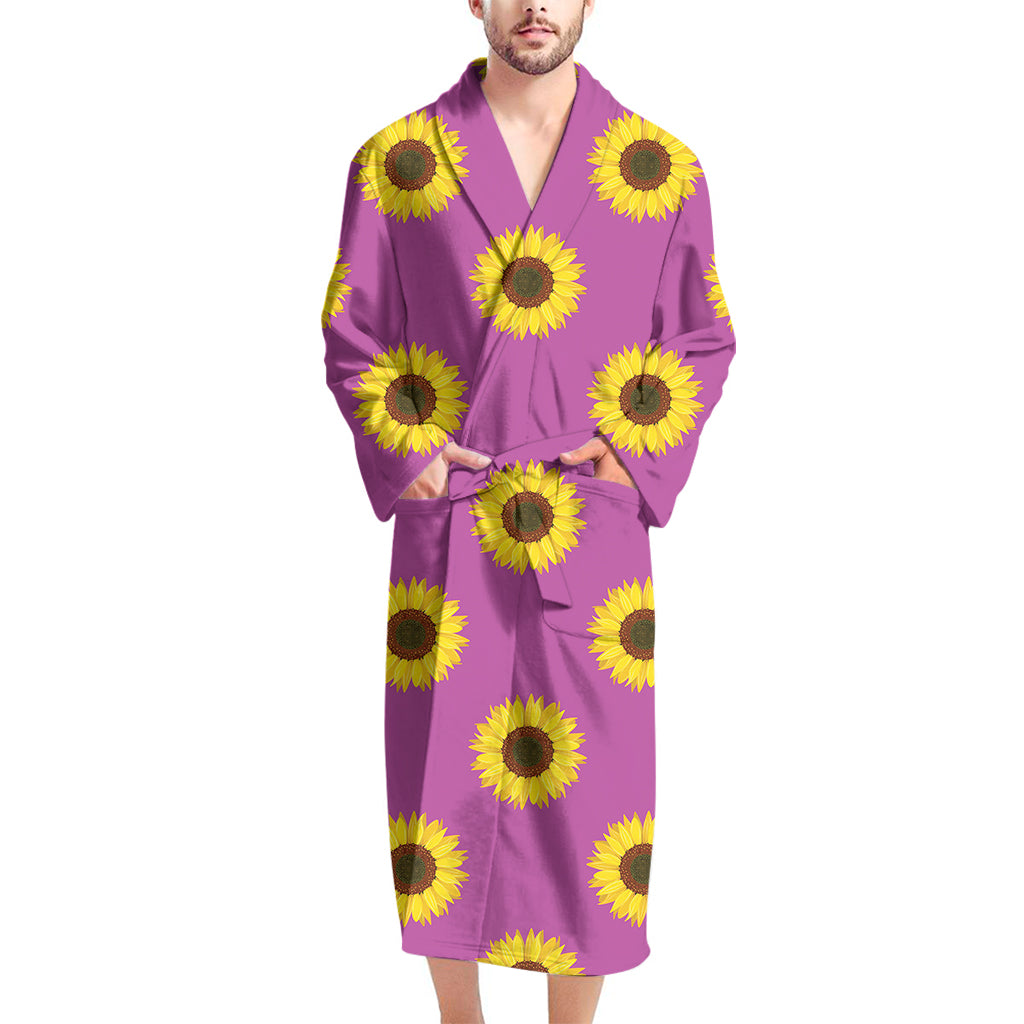 Magenta Pink Sunflower Pattern Print Men's Bathrobe