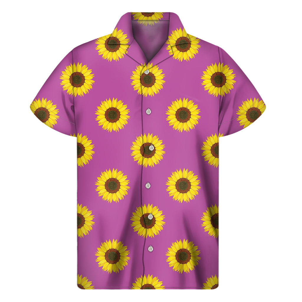 Magenta Pink Sunflower Pattern Print Men's Short Sleeve Shirt